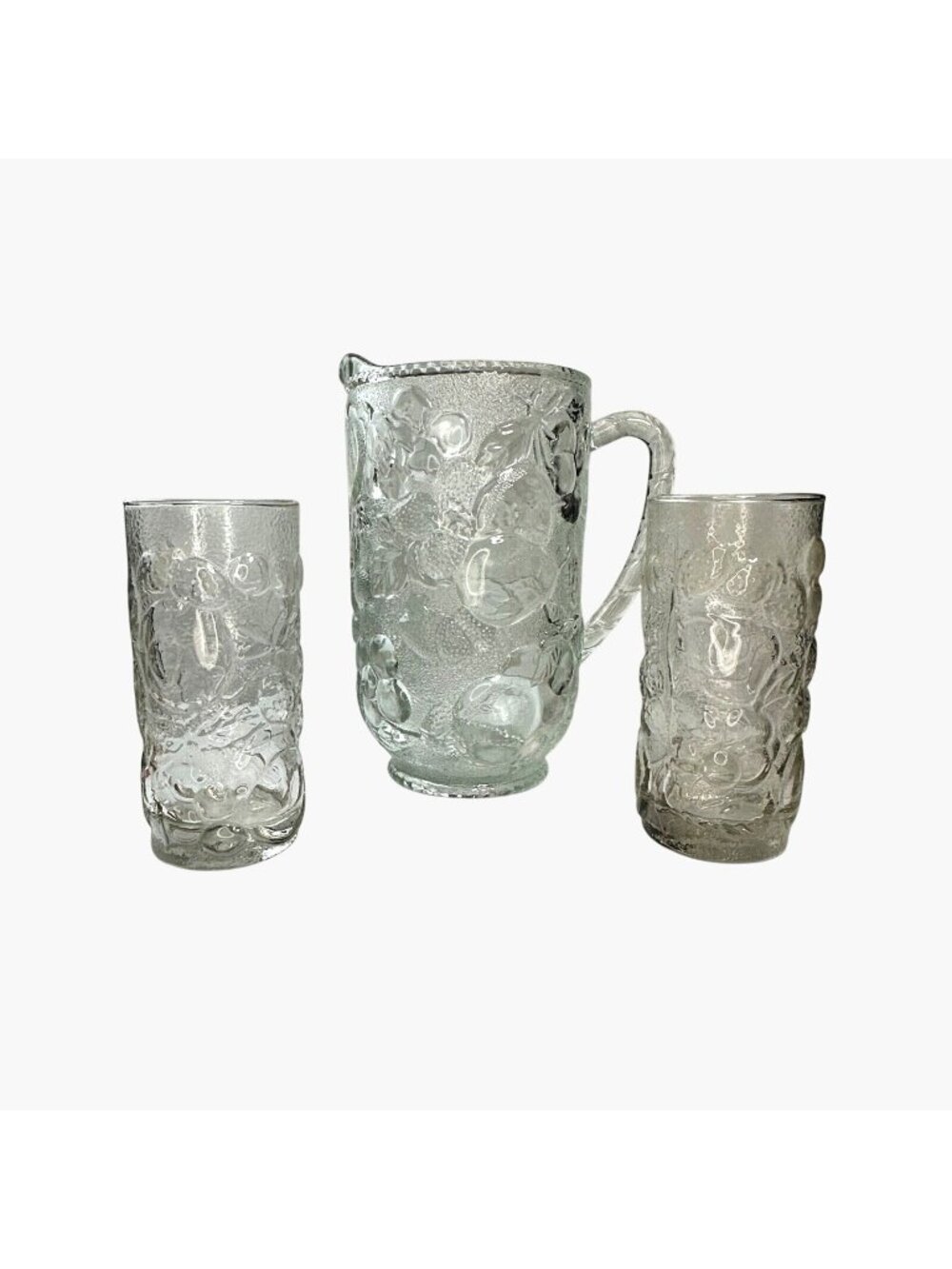 VTG Libbey Orchard Fruit Clear Pitcher + 2 Glasses Pressed Glass Raised Fruit